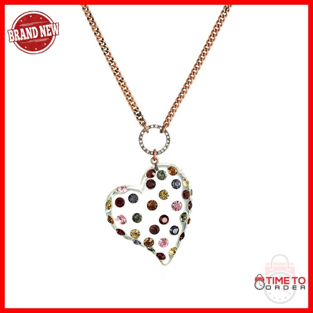 Long Pendant Necklace with Lucite Heart and Crystal Stones